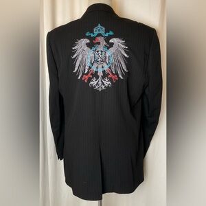 Artine Black Pin Stripe Black Suit Blazer Jacket Mens XXL Embroidered Eagle Rare
